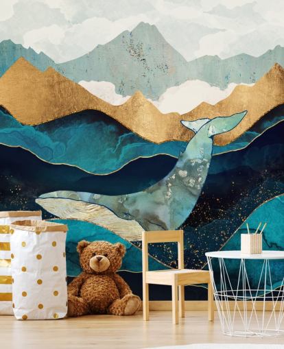 oceano e montagne blu e oro con carta da parati balena oceano e montagne blu e oro con carta da parati balena
