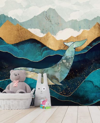 marinha e ouro oceano e montanhas com papel de parede de baleia