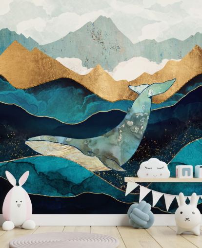 navy and gold ocean and mountains with whale wallpaper