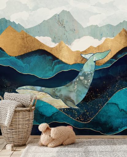 Marine und Gold Meer und Berge mit Wal-Tapete