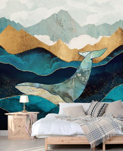 oceano e montagne blu e oro con carta da parati balena oceano e montagne blu e oro con carta da parati balena