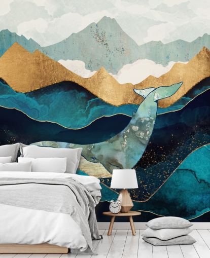 navy and gold ocean and mountains with whale wallpaper