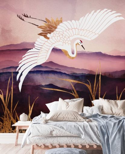 weißer Vogel, lila Berge und goldenes Gras Tapete