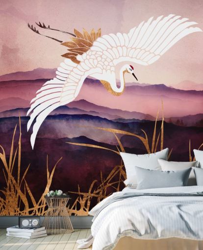 white bird, purple mountains and gold grass wallpaper