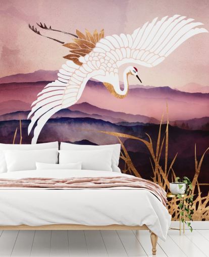 weißer Vogel, lila Berge und goldenes Gras Tapete weißer Vogel, lila Berge und goldenes Gras Tapete