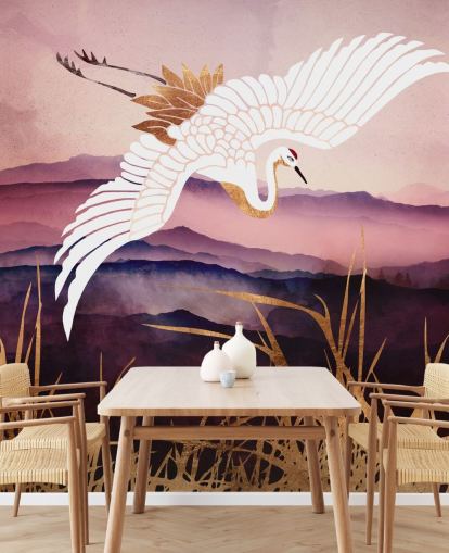 carta da parati uccello bianco, montagne viola e erba dorata