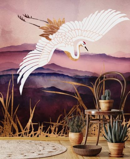 weißer Vogel, lila Berge und goldenes Gras Tapete