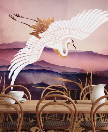 weißer Vogel, lila Berge und goldenes Gras Tapete