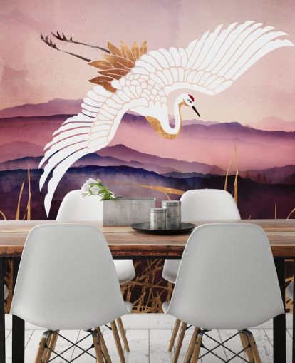 papier peint oiseau blanc, montagnes violettes et herbe dorée