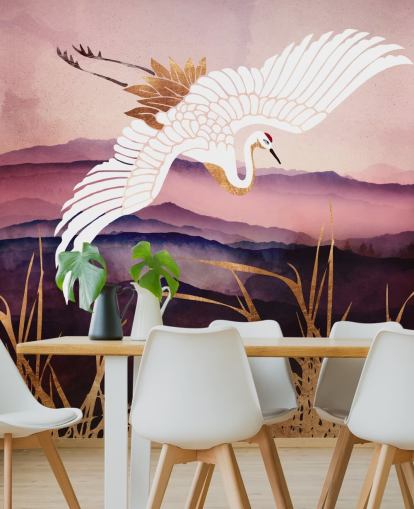 papier peint oiseau blanc, montagnes violettes et herbe dorée