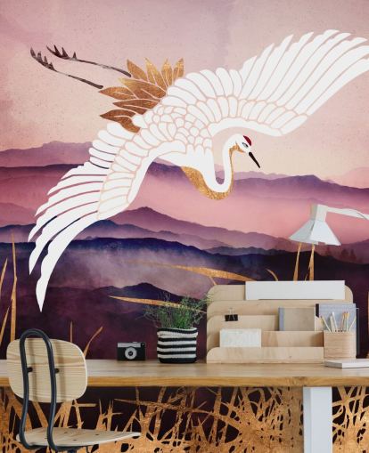 Papel pintado de pájaro blanco, montañas moradas y hierba dorada