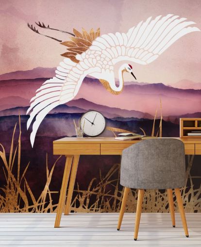 white bird, purple mountains and gold grass wallpaper