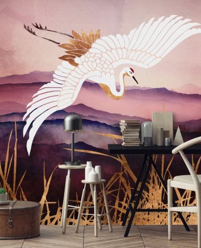 weißer Vogel, lila Berge und goldenes Gras Tapete weißer Vogel, lila Berge und goldenes Gras Tapete