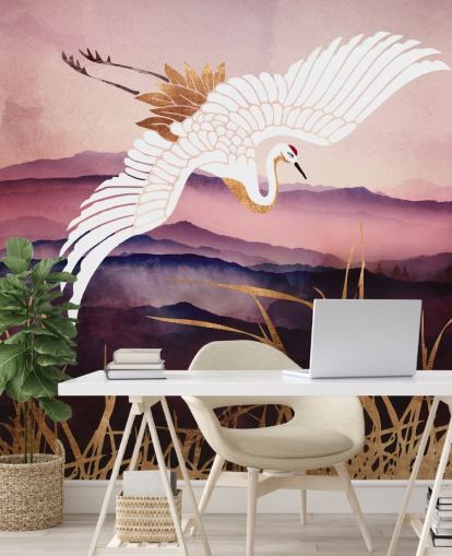 Papel pintado de pájaro blanco, montañas moradas y hierba dorada