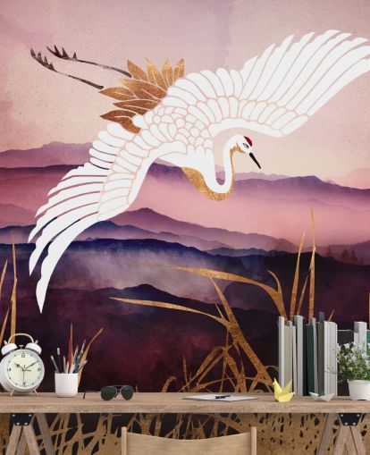 white bird, purple mountains and gold grass wallpaper