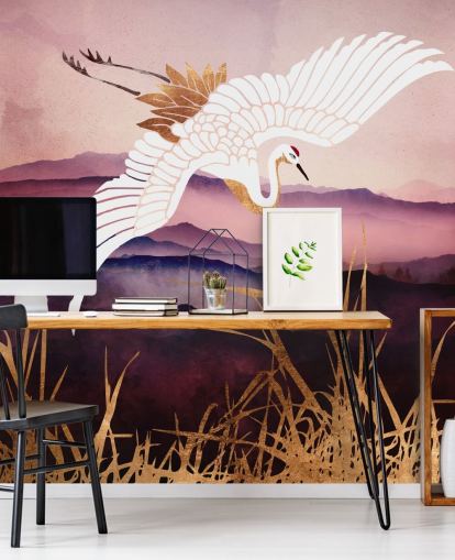 witte vogel, paarse bergen en goudgrasbehang witte vogel, paarse bergen en goudgrasbehang