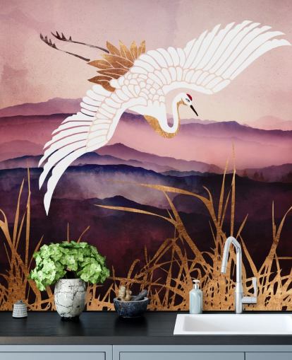 Papel pintado de pájaro blanco, montañas moradas y hierba dorada Papel pintado de pájaro blanco, montañas moradas y hierba dorada