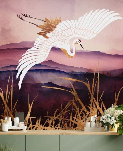 weißer Vogel, lila Berge und goldenes Gras Tapete weißer Vogel, lila Berge und goldenes Gras Tapete