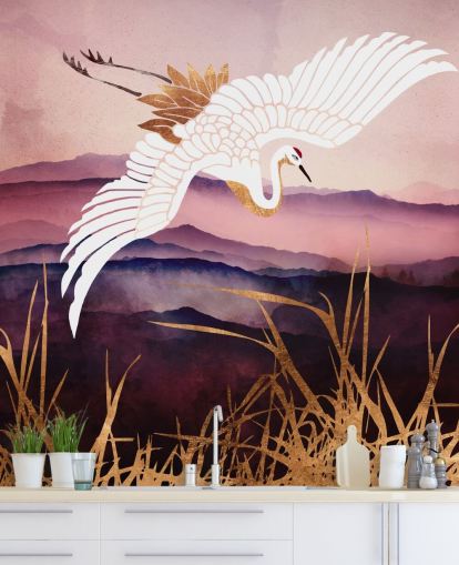 white bird, purple mountains and gold grass wallpaper