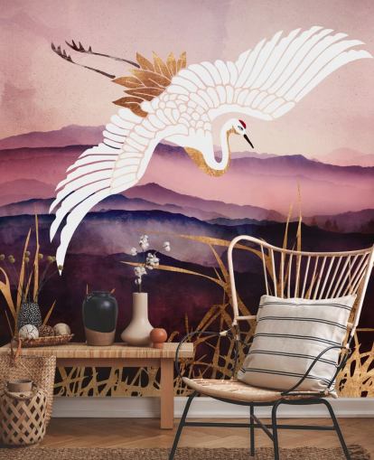 weißer Vogel, lila Berge und goldenes Gras Tapete