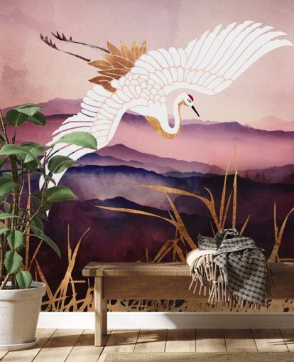 papier peint oiseau blanc, montagnes violettes et herbe dorée