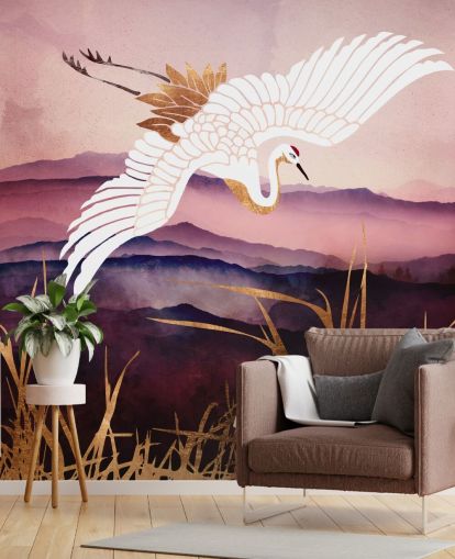 papier peint oiseau blanc, montagnes violettes et herbe dorée