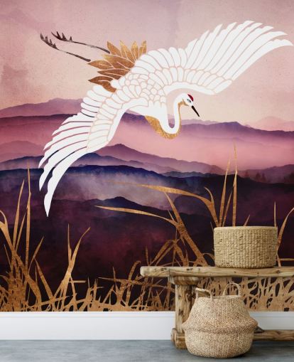 white bird, purple mountains and gold grass wallpaper
