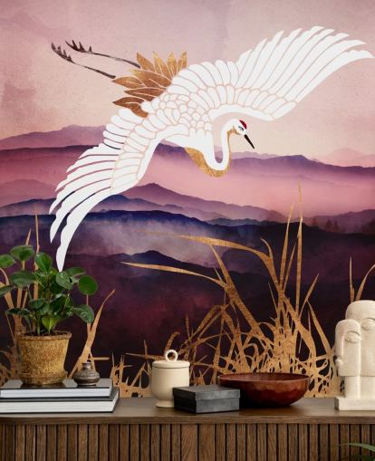 papel de parede pássaro branco, montanhas roxas e grama dourada