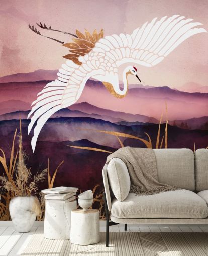 Papel pintado de pájaro blanco, montañas moradas y hierba dorada