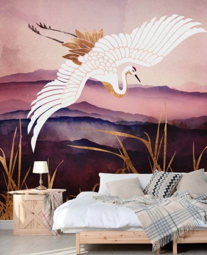 white bird, purple mountains and gold grass wallpaper