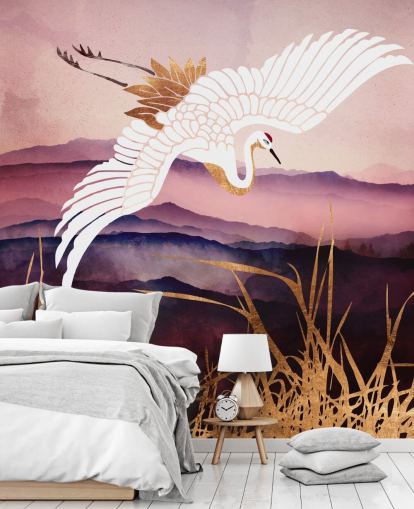 weißer Vogel, lila Berge und goldenes Gras Tapete weißer Vogel, lila Berge und goldenes Gras Tapete