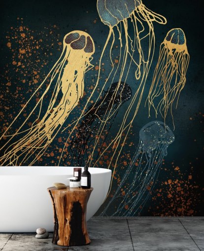 mural de papel pintado de medusas personalizable dorado y azul de SpaceFrog Designs para salas de estar