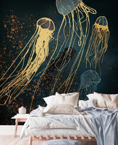 gouden en blauwe aanpasbare kwallenbehangmuurschildering van SpaceFrog Designs voor woonkamers