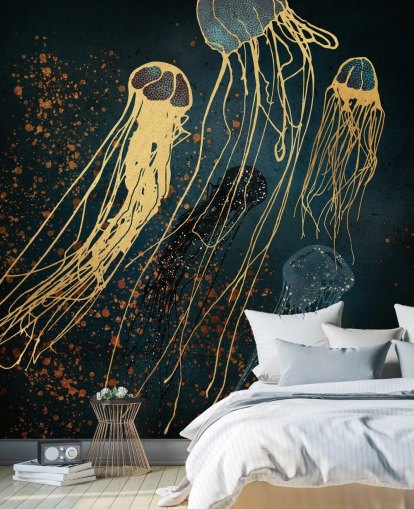 mural de papel pintado de medusas personalizable dorado y azul de SpaceFrog Designs para salas de estar