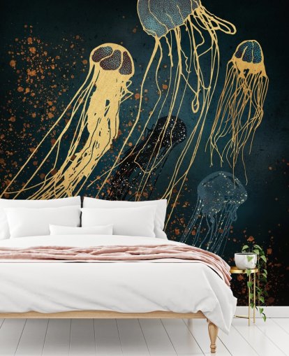 kultainen ja sininen muokattava meduusan taustakuvamaalaus, jonka on kirjoittanut SpaceFrog Designs olohuoneisiin