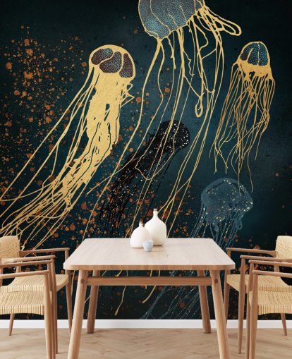 guld och blå anpassningsbar maneter tapetväggmålning av SpaceFrog Designs för vardagsrum