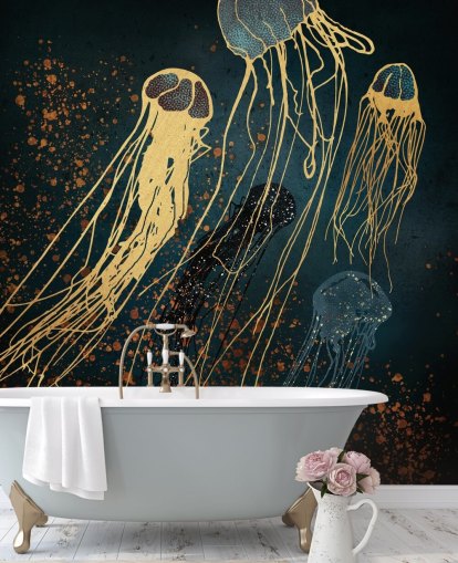 guld och blå anpassningsbar maneter tapetväggmålning av SpaceFrog Designs för vardagsrum guld och blå anpassningsbar maneter tapetväggmålning av SpaceFrog Designs för vardagsrum