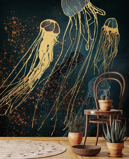 Personalisierbares Tapeten-Wandbild mit Quallen in Gold und Blau von SpaceFrog Designs für Wohnzimmer