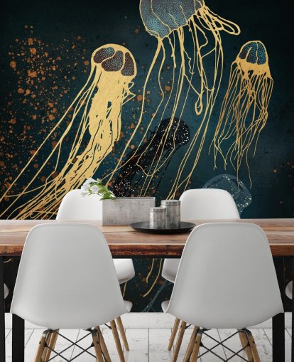 gold and blue customizable jellyfish wallpaper mural by SpaceFrog Designs for living rooms