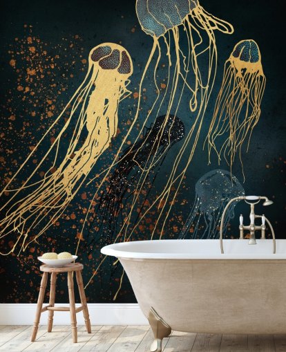 gold and blue customizable jellyfish wallpaper mural by SpaceFrog Designs for living rooms