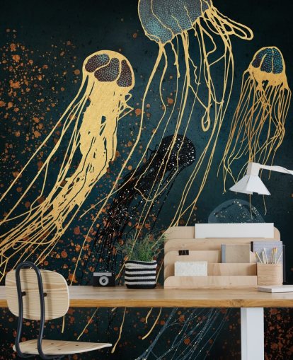 gouden en blauwe aanpasbare kwallenbehangmuurschildering van SpaceFrog Designs voor woonkamers gouden en blauwe aanpasbare kwallenbehangmuurschildering van SpaceFrog Designs voor woonkamers