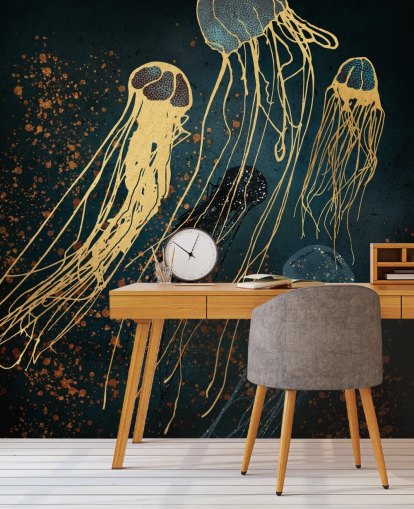 guld og blå tilpasselig vandmænd tapetmaleri af SpaceFrog Designs til stuer guld og blå tilpasselig vandmænd tapetmaleri af SpaceFrog Designs til stuer