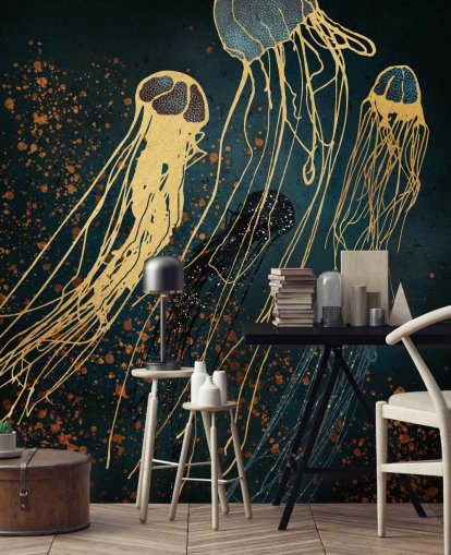 gold and blue customizable jellyfish wallpaper mural by SpaceFrog Designs for living rooms
