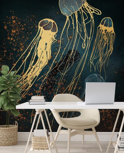 guld och blå anpassningsbar maneter tapetväggmålning av SpaceFrog Designs för vardagsrum