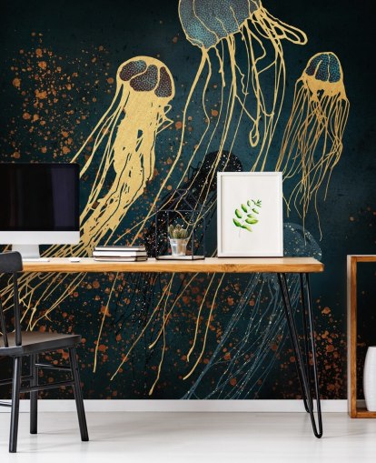 guld och blå anpassningsbar maneter tapetväggmålning av SpaceFrog Designs för vardagsrum