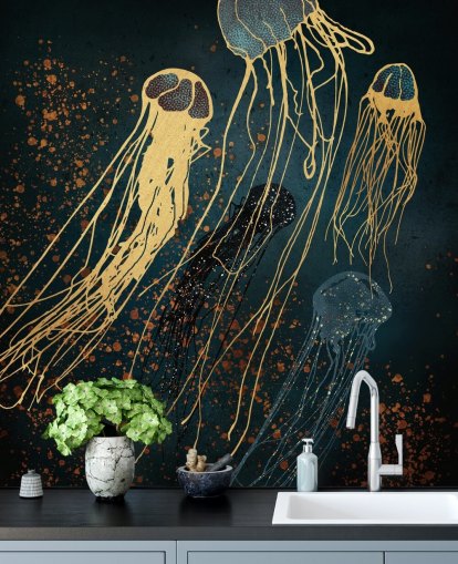 Personalisierbares Tapeten-Wandbild mit Quallen in Gold und Blau von SpaceFrog Designs für Wohnzimmer