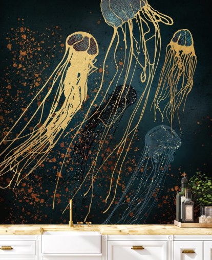 gold and blue customisable jellyfish wallpaper mural by SpaceFrog Designs for living rooms
