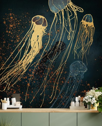 gouden en blauwe aanpasbare kwallenbehangmuurschildering van SpaceFrog Designs voor woonkamers