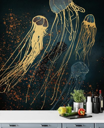 gold and blue customisable jellyfish wallpaper mural by SpaceFrog Designs for living rooms