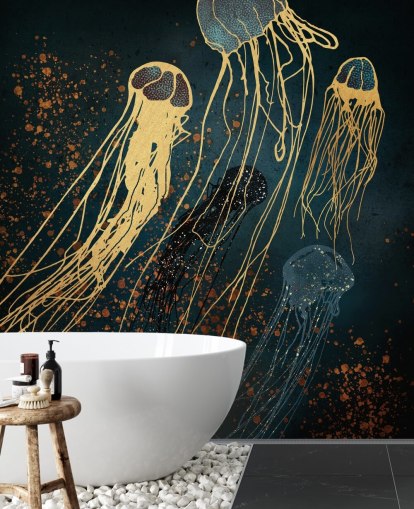Personalisierbares Tapeten-Wandbild mit Quallen in Gold und Blau von SpaceFrog Designs für Wohnzimmer Personalisierbares Tapeten-Wandbild mit Quallen in Gold und Blau von SpaceFrog Designs für Wohnzimmer